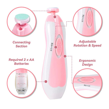 Baby Nail Trimmer File with Light - Safe Electric Nail Clippers Kit for Newborn Infant Toddler Kids Toes and Fingernails - Care, Polish and Trim - Battery Operated (AA), Pink
