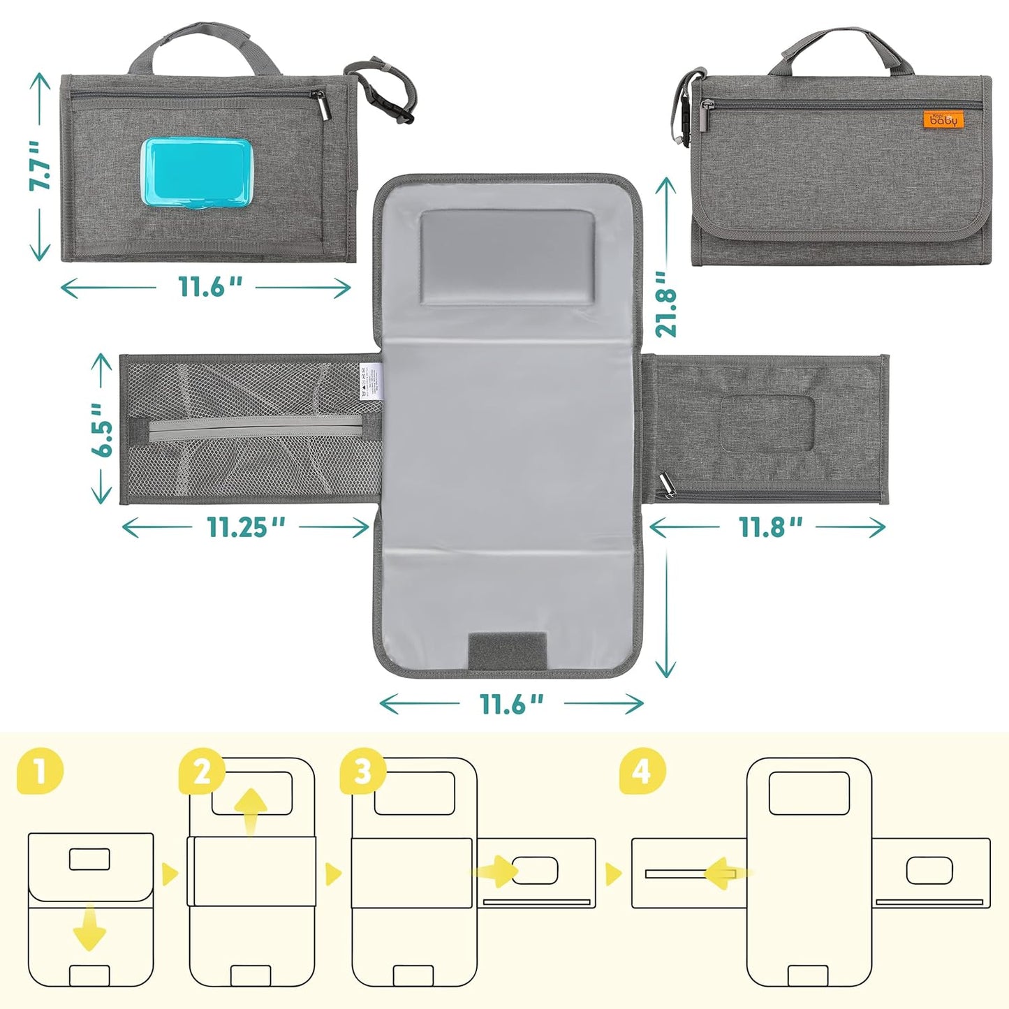 Portable Diaper Changing Pad - Baby Diaper Changer Travel Bag with Wipes Pocket, Smart Design Portable Changing Mat, Infant Travel Station Kit, Gift for Newborn Girl & Boy - Grey, Modern