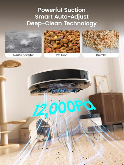 Robot Vacuum and Mop, 12000Pa Suction, 90-Day Self-Emptying, Obstacle Avoidance, Auto Mop Washing&Drying, All-In-One for Pet Hair Carpet, 5G Wifi Alexa/App/Iwatch Control, M3