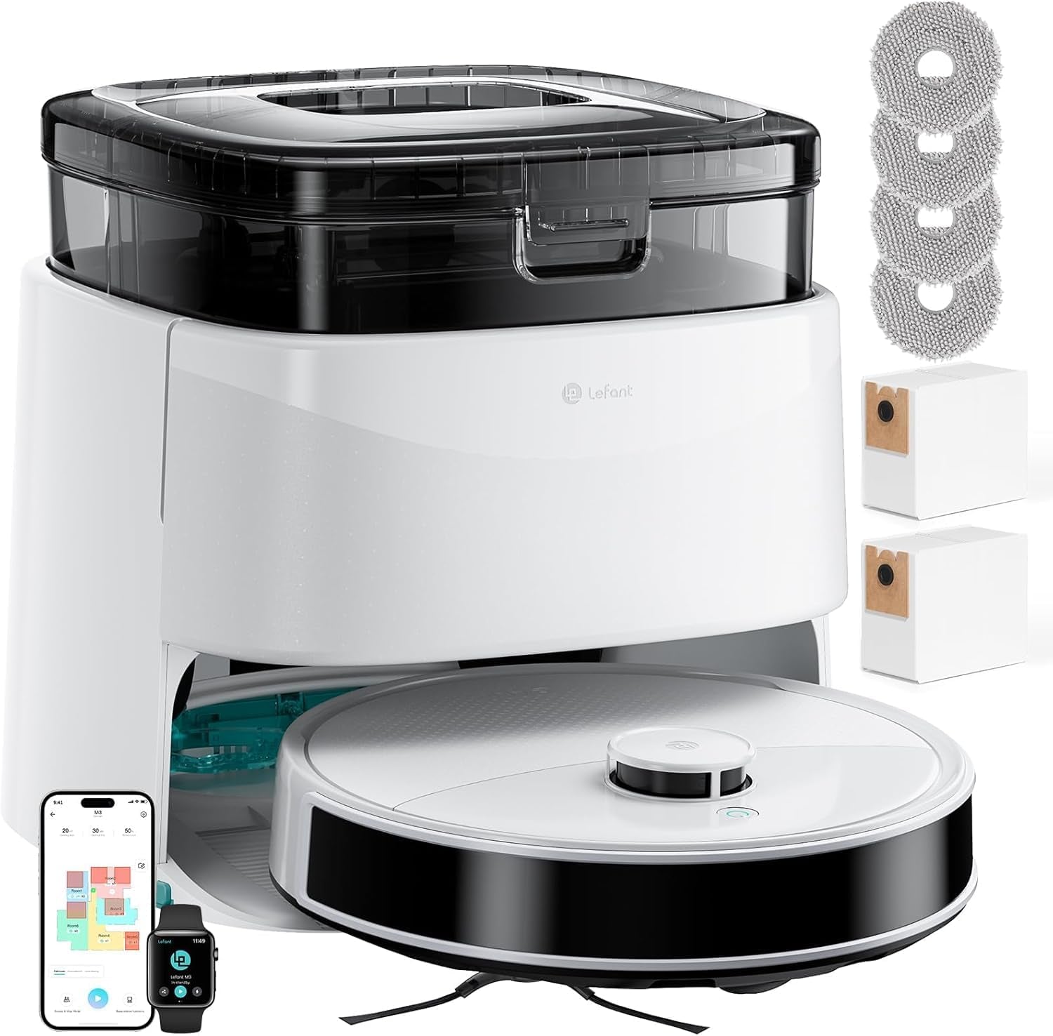 Robot Vacuum and Mop, 12000Pa Suction, 90-Day Self-Emptying, Obstacle Avoidance, Auto Mop Washing&Drying, All-In-One for Pet Hair Carpet, 5G Wifi Alexa/App/Iwatch Control, M3