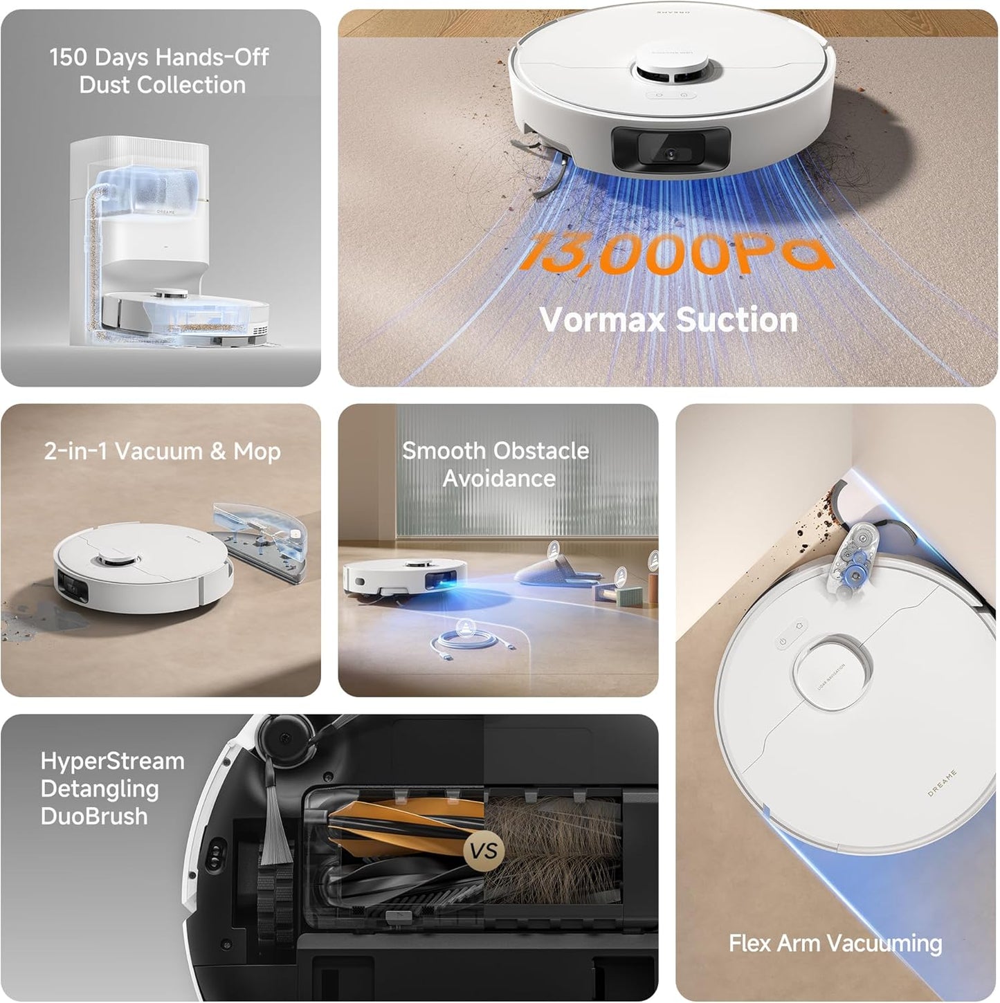 D20 Pro plus Robot Vacuum, 13,000Pa Suction, Duobrush for Pet Hair, Corner Cleaning, Self Emptying, LDS Navigation Laser Avoidance, Vacuum Mop, Hard Floors&Carpets, 5,200Mah Battery White