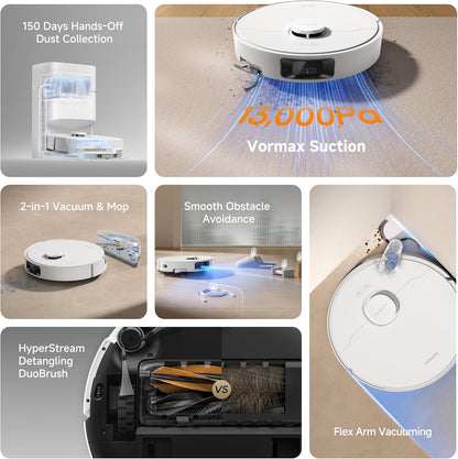 D20 Pro plus Robot Vacuum, 13,000Pa Suction, Duobrush for Pet Hair, Corner Cleaning, Self Emptying, LDS Navigation Laser Avoidance, Vacuum Mop, Hard Floors&Carpets, 5,200Mah Battery White