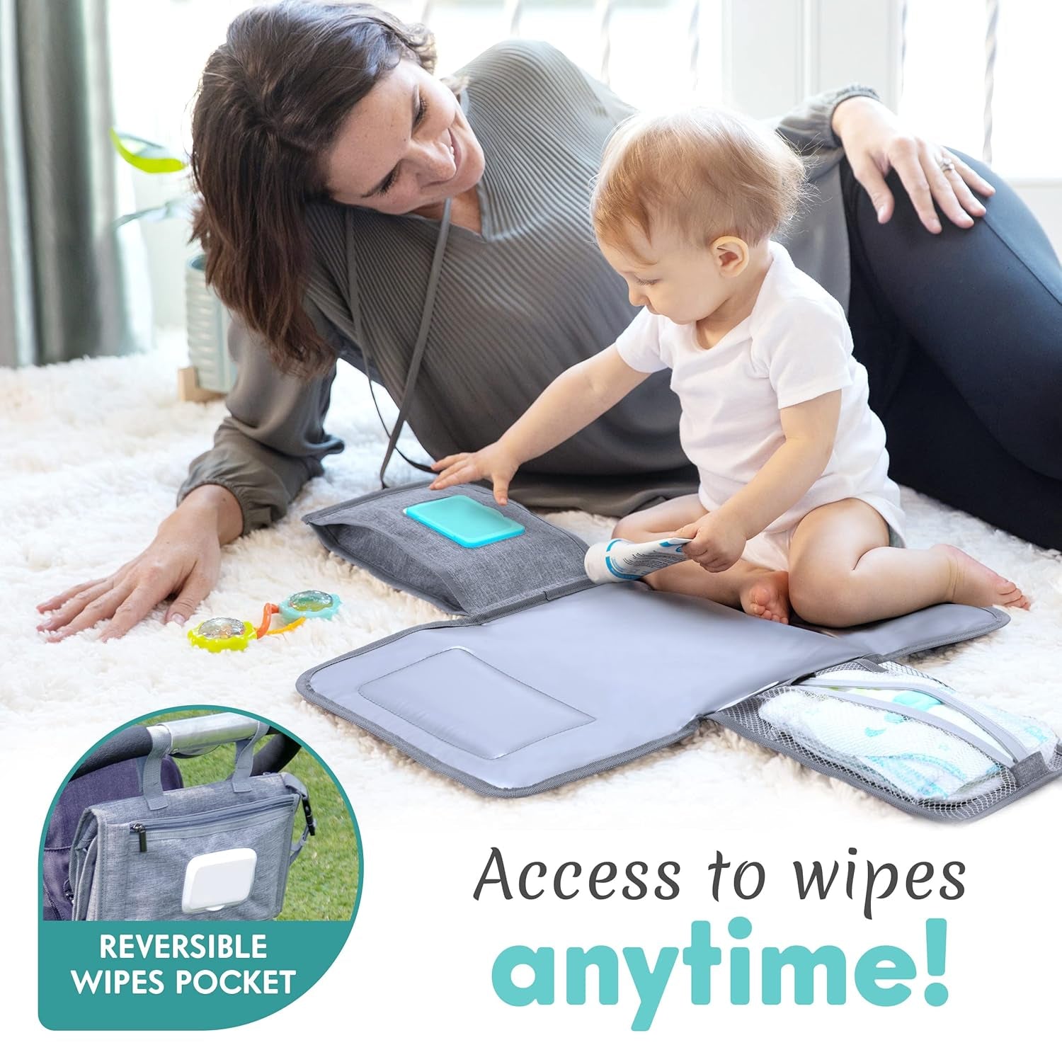 Portable Diaper Changing Pad - Baby Diaper Changer Travel Bag with Wipes Pocket, Smart Design Portable Changing Mat, Infant Travel Station Kit, Gift for Newborn Girl & Boy - Grey, Modern