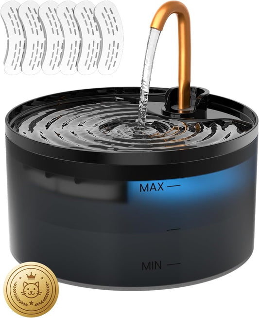 Cat Water Fountain with 6-Pack Replaceable Filters, 71Oz/2.1L Cat Fountain for Drinking with Copper Faucet, -Designed Pump & Filter, Plastic Automatic Pet Water Fountain Bowl & Dispenser