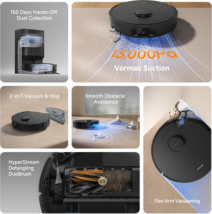 D20 Pro plus Robot Vacuum, 13,000Pa Suction, Duobrush for Pet Hair, Corner Cleaning, Self Emptying, LDS Navigation Laser Avoidance, Vacuum Mop, Hard Floors&Carpets (Black)