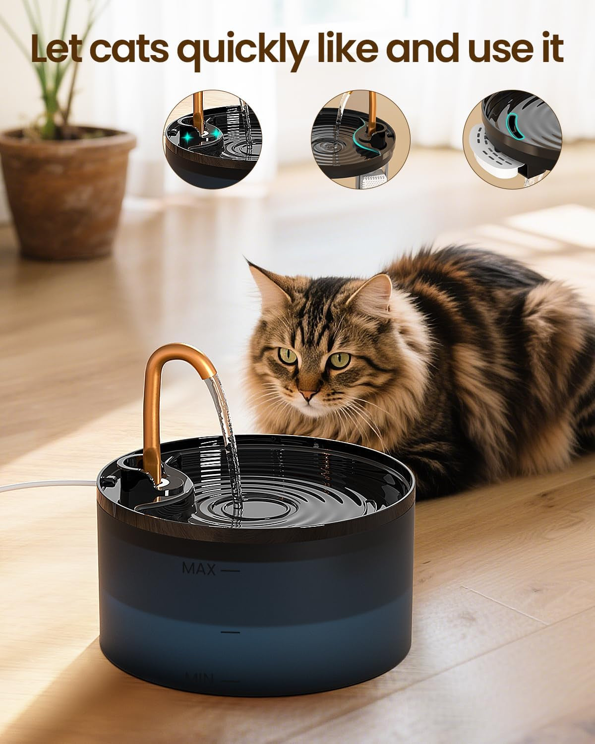 Cat Water Fountain with 6-Pack Replaceable Filters, 71Oz/2.1L Cat Fountain for Drinking with Copper Faucet, -Designed Pump & Filter, Plastic Automatic Pet Water Fountain Bowl & Dispenser