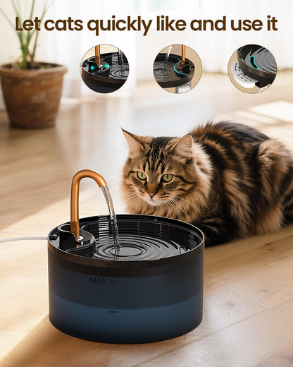 Cat Water Fountain with 6-Pack Replaceable Filters, 71Oz/2.1L Cat Fountain for Drinking with Copper Faucet, -Designed Pump & Filter, Plastic Automatic Pet Water Fountain Bowl & Dispenser